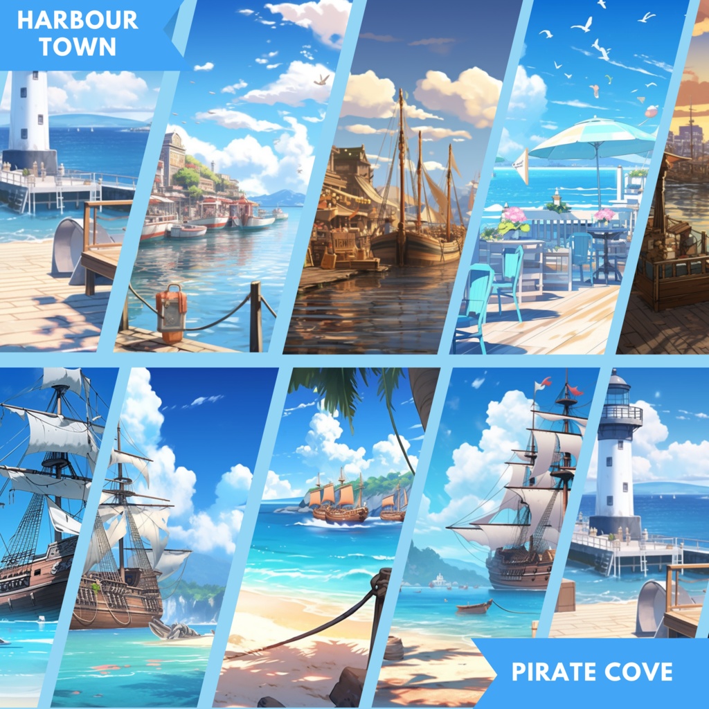 50x Ocean VTuber 背景、Twitch ストリーム背景、Lofi & アニメ、ストリーミング背景、Twitch アセット、VTuber アセット。