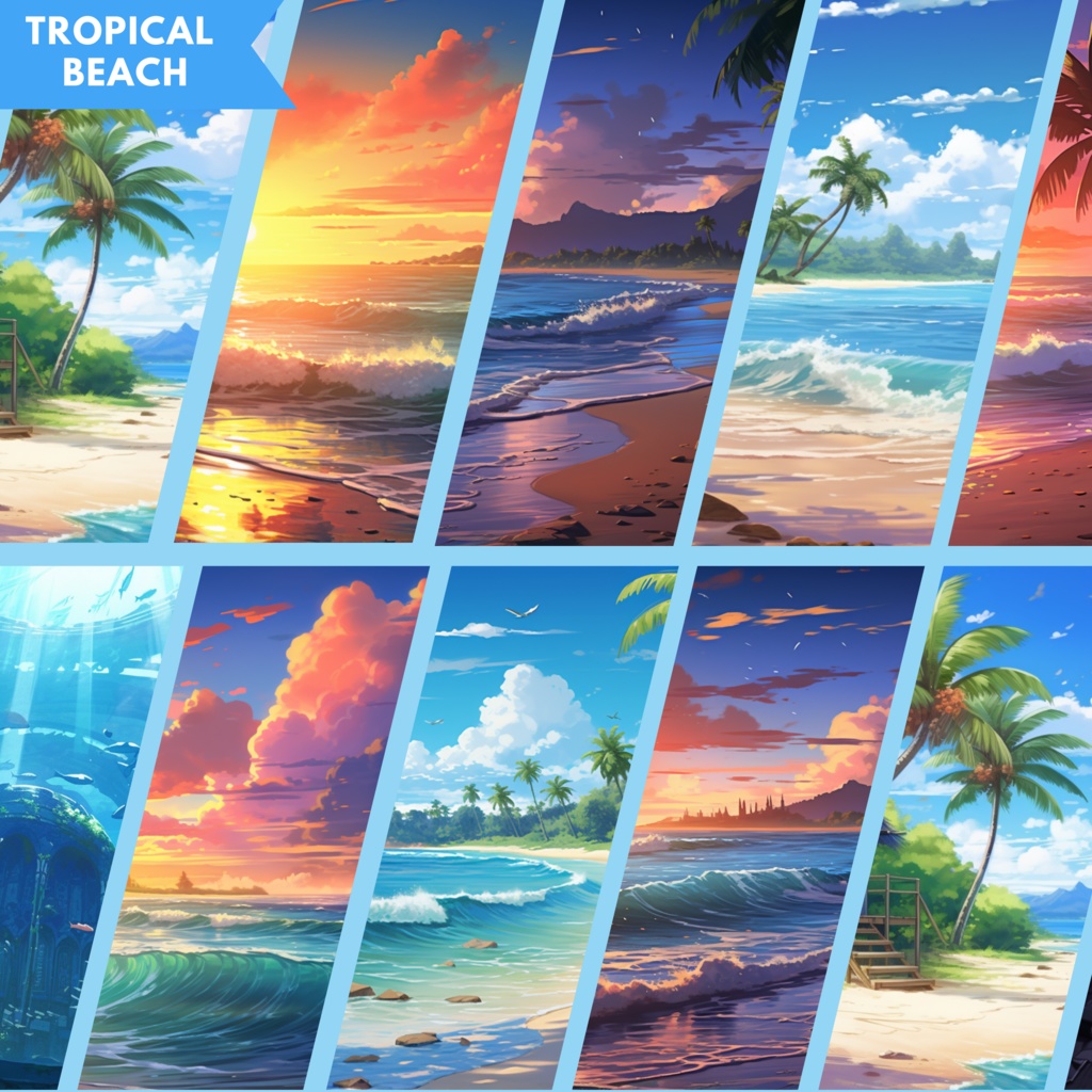 50x Ocean VTuber 背景、Twitch ストリーム背景、Lofi & アニメ、ストリーミング背景、Twitch アセット、VTuber アセット。