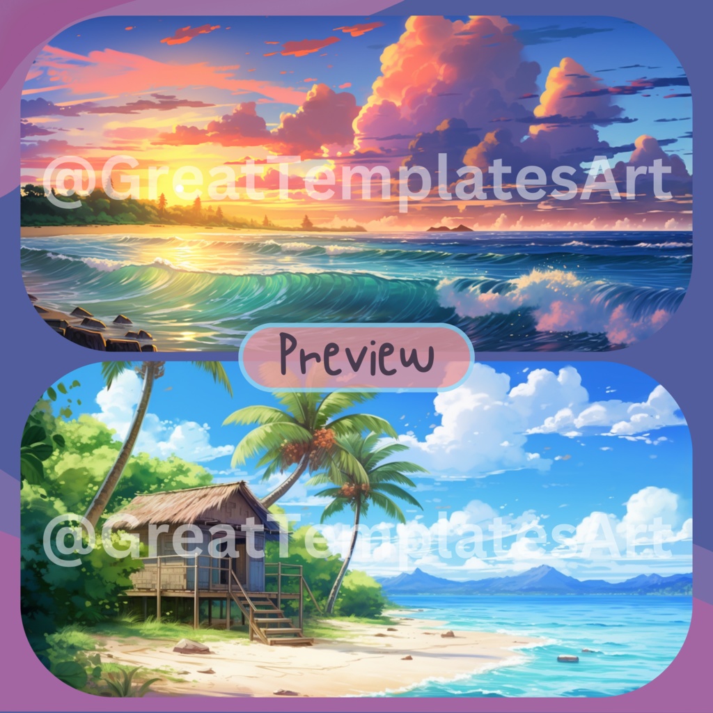 50x Ocean VTuber 背景、Twitch ストリーム背景、Lofi & アニメ、ストリーミング背景、Twitch アセット、VTuber アセット。