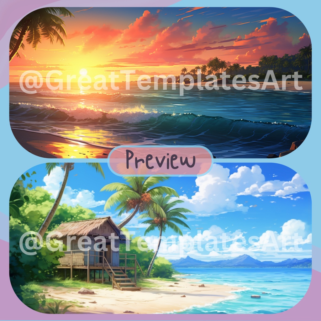 50x Ocean VTuber 背景、Twitch ストリーム背景、Lofi & アニメ、ストリーミング背景、Twitch アセット、VTuber アセット。