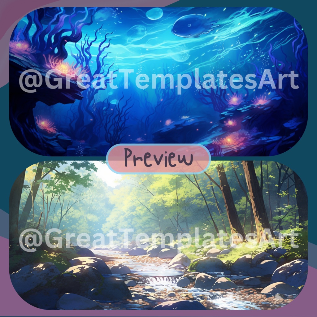 50x Ocean VTuber 背景、Twitch ストリーム背景、Lofi & アニメ、ストリーミング背景、Twitch アセット、VTuber アセット。