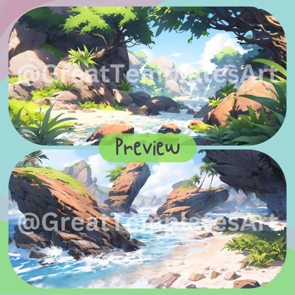 50x Island VTuber 背景、twitch ストリーム背景、ストリーム アセット、Lofi 背景、Twitch アセット、VTuber アセット。