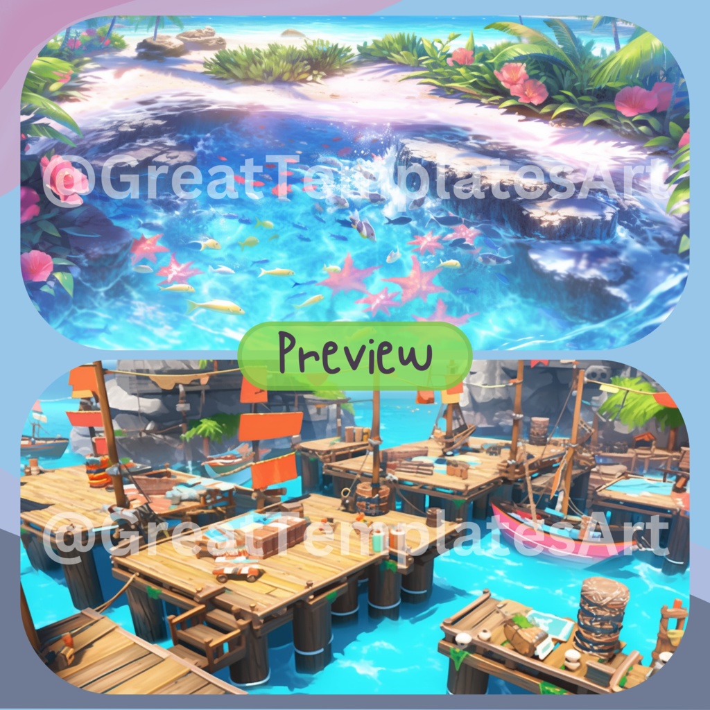 50x Island VTuber 背景、twitch ストリーム背景、ストリーム アセット、Lofi 背景、Twitch アセット、VTuber アセット。