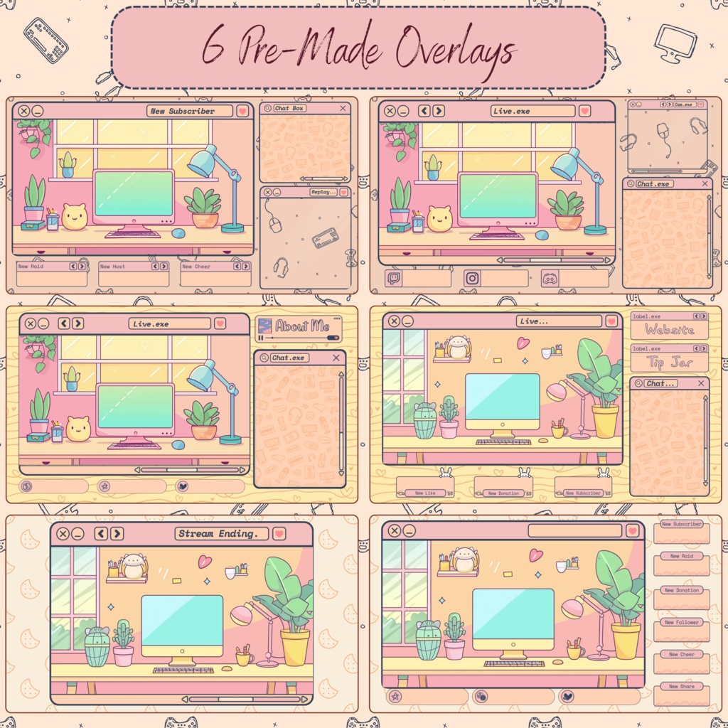 Cute Lo-Fi Twitch Stream オーバーレイ、Twitch Stream パッケージ、Cozy オーバーレイ、Lo-Fi Twitch オーバーレイ、Cute Twitch オーバーレイ、Twitch アラート、Twitch ラベル、Twitch アセット。