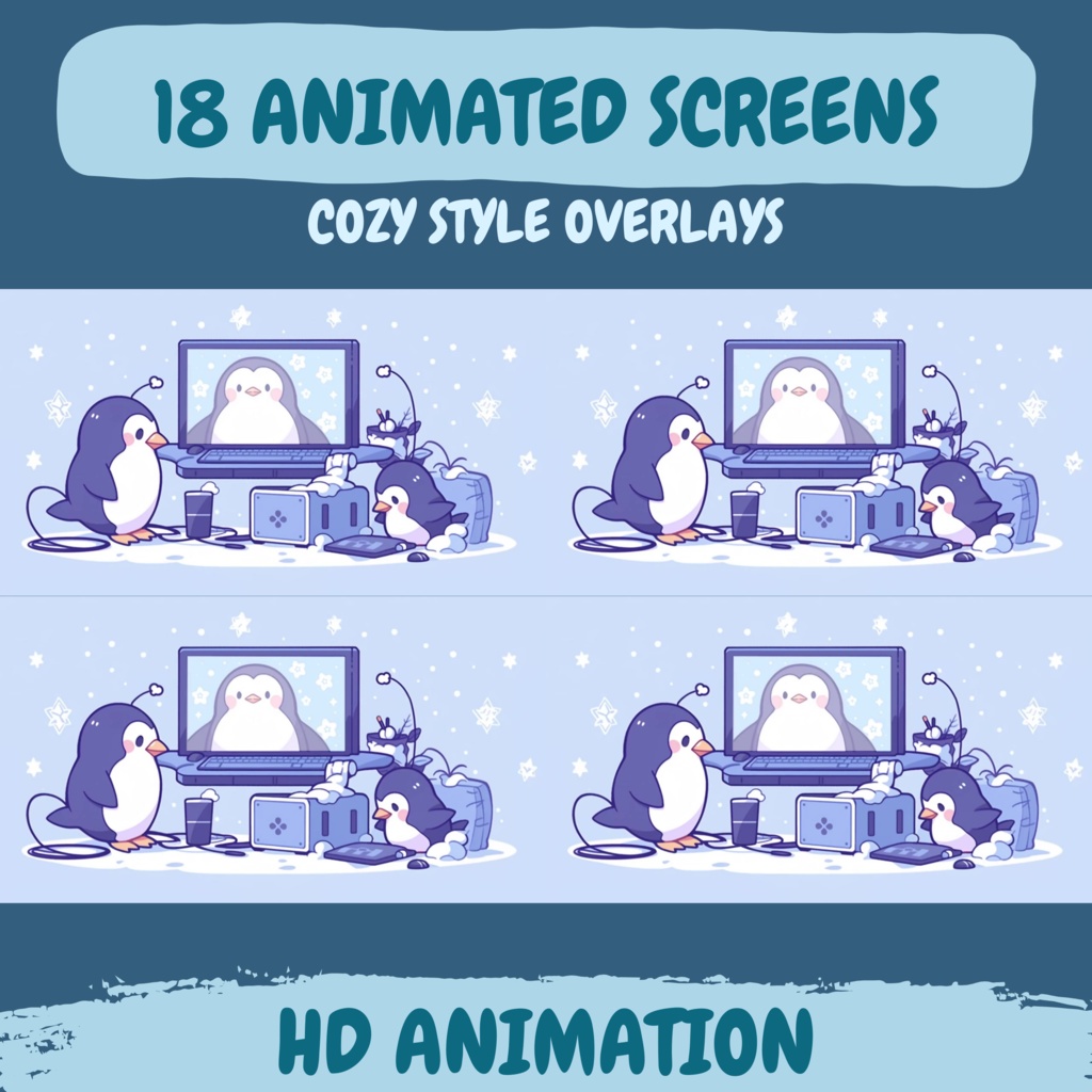 かわいいペンギン スタイルの Twitch ストリーム オーバーレイ、Twitch 冬の居心地の良いオーバーレイ、Twitch ストリーム パッケージ、Twitch アセット、ストリーム アセット。
