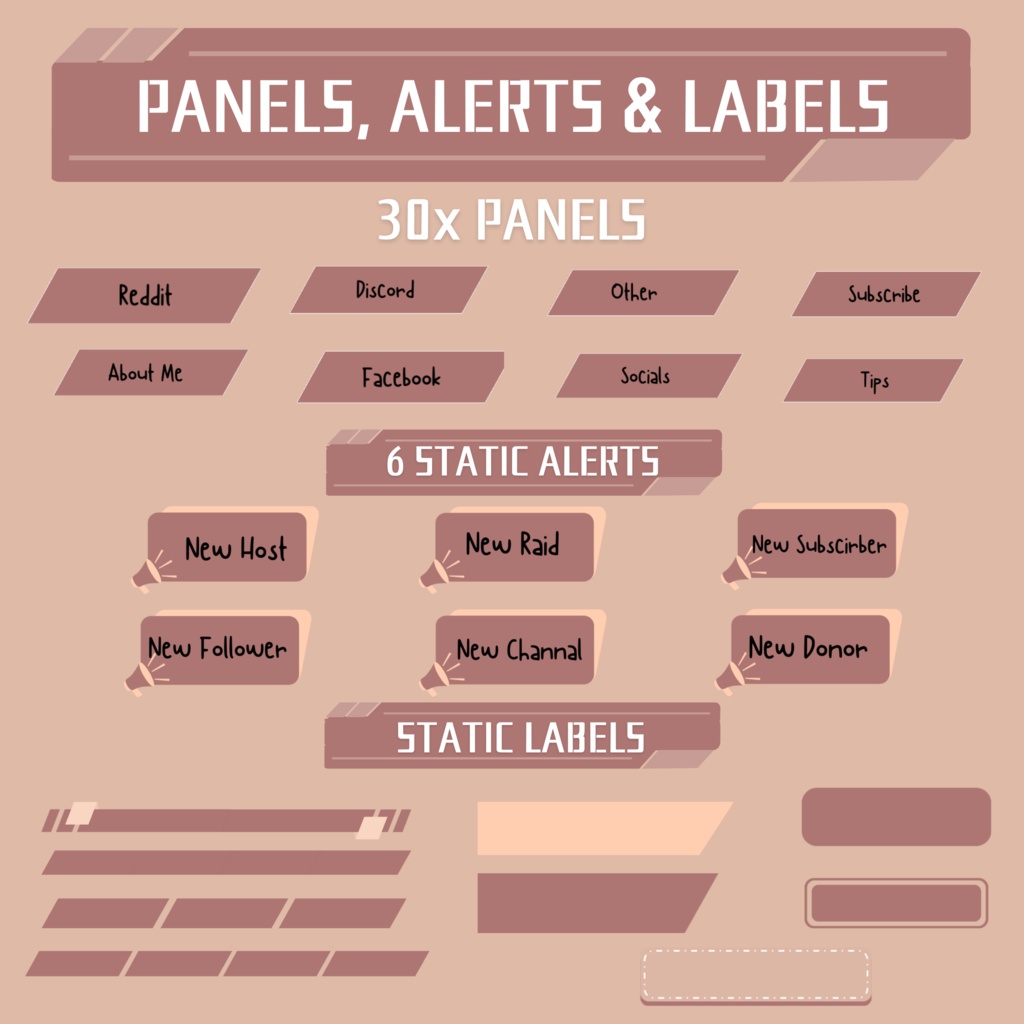 茶色の twitch ストリーム オーバーレイ、Twitch ストリーム パッケージ、かわいい Twitch オーバーレイ、Twitch アラート、Twitch ラベル、Twitch アセット、ストリーム アセット。