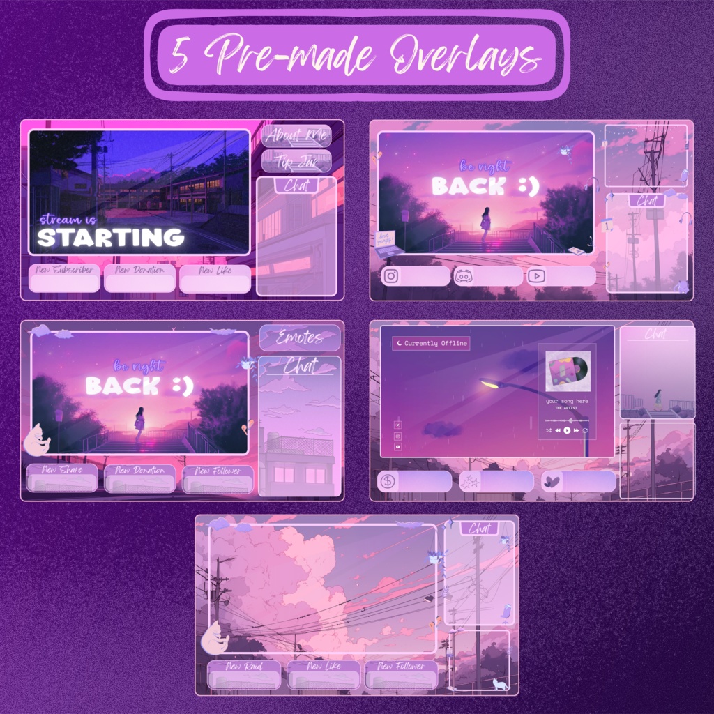 Lofi 居心地の良いパープル ピンクの Twitch ストリーム オーバーレイ、Twitch ストリーム パッケージ、かわいい猫をテーマにした Twitch オーバーレイ、Twitch アラート、Twitch ラベル、Twitch アセット、ストリーム アセット。