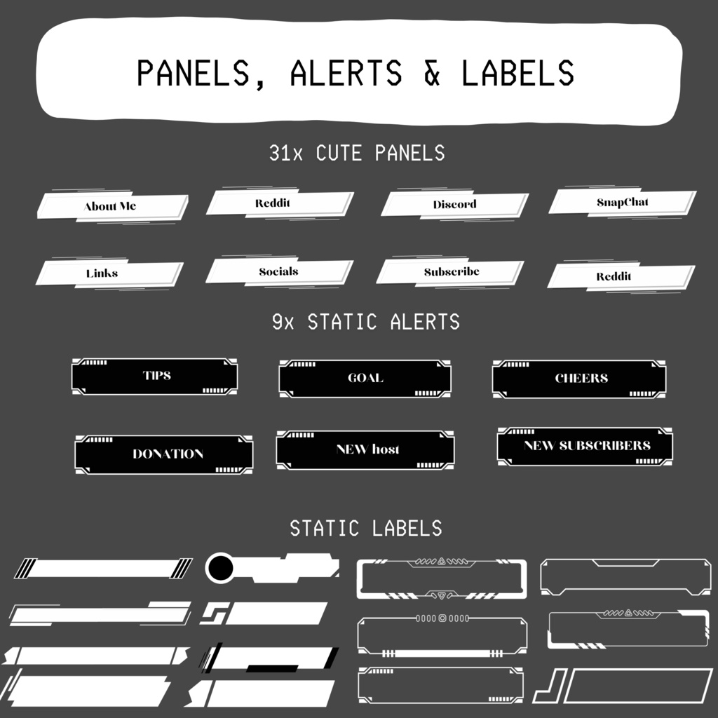 ブラック&ホワイト ゲーム Twitch オーバーレイ、Twitch ストリーム パッケージ、Twitch ゲーム オーバーレイ、Twitch アラート、ストリーム アセット、Twitch アセット。