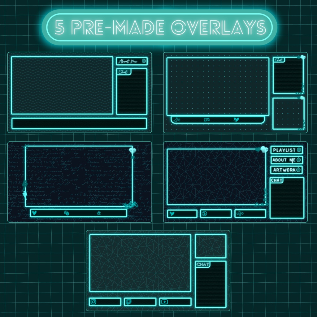 ネオントルコイズTwitchオーバーレイ - Twitch用キュートストリームパッケージ(アラート付き)