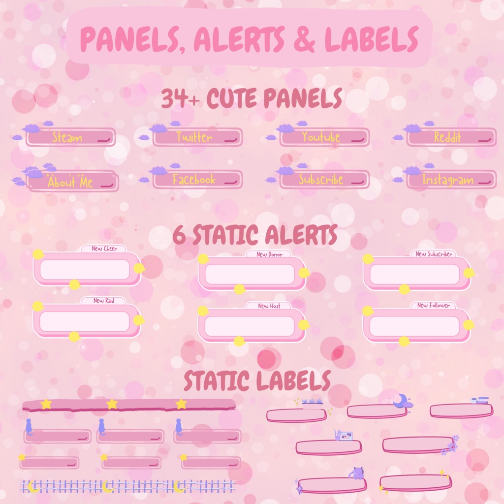 ローファイピンクTwitchオーバーレイ - キュートなストリームパッケージ(アラート付き)