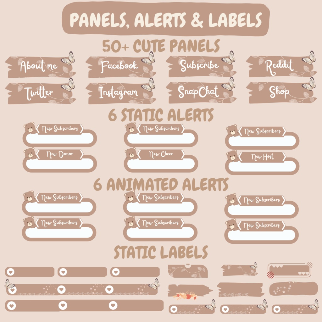 ローファイコージーベアTwitchオーバーレイ - ブラウンストリームパッケージ(アラート付き)