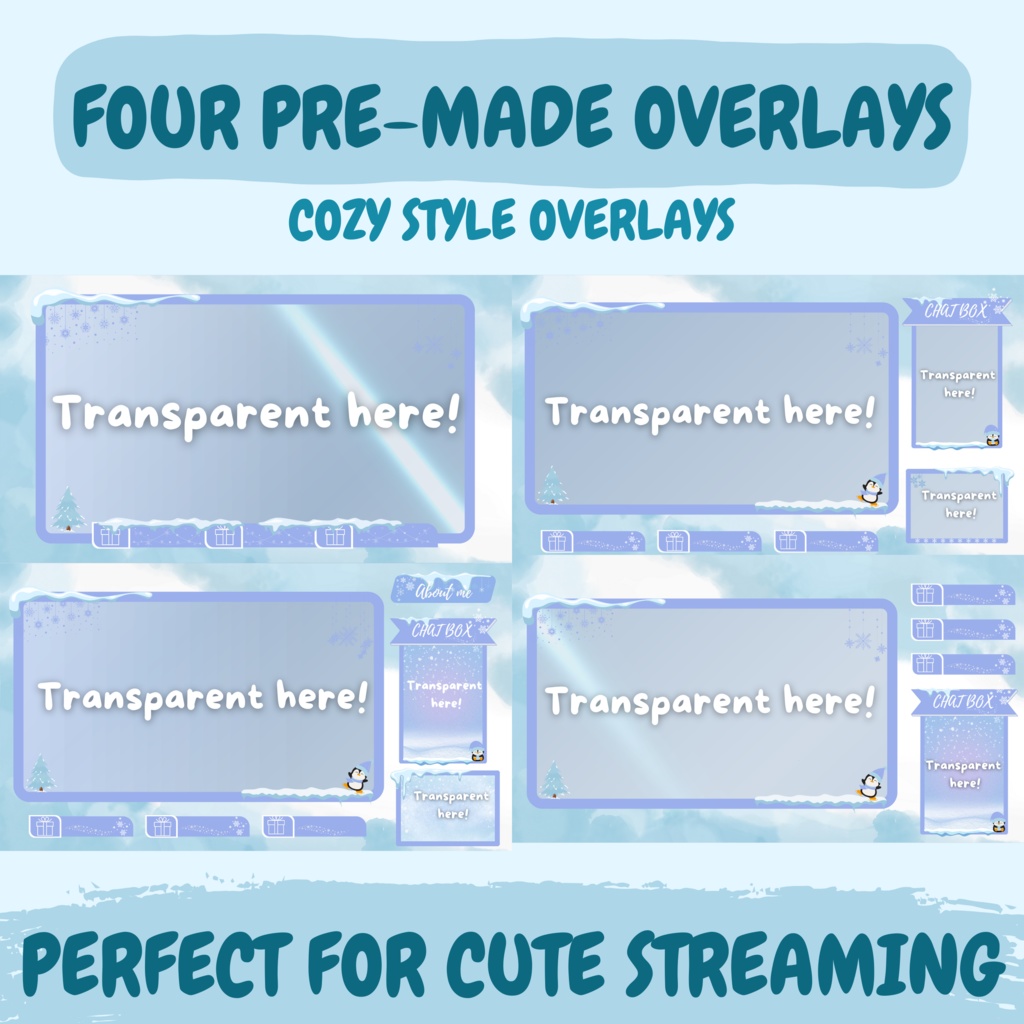 ローファイ冬スタイルTwitchオーバーレイ - コージーペンギンストリームパッケージ(アラート付き)