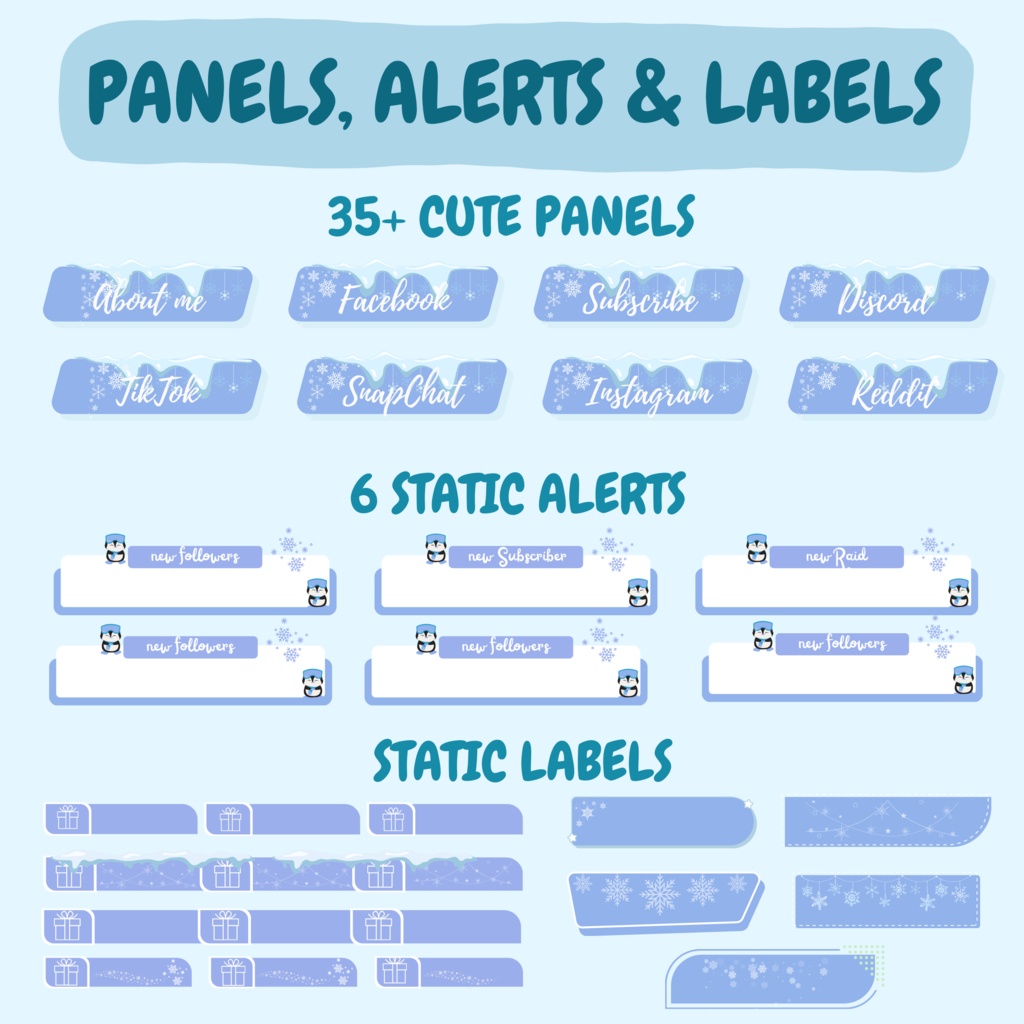 ローファイ冬スタイルTwitchオーバーレイ - コージーペンギンストリームパッケージ(アラート付き)