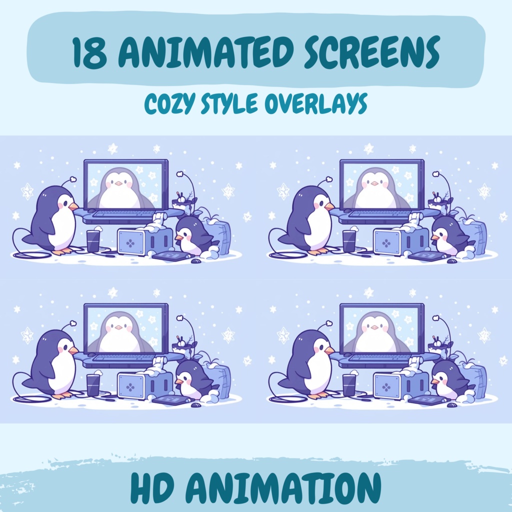 ローファイ冬スタイルTwitchオーバーレイ - コージーペンギンストリームパッケージ(アラート付き)
