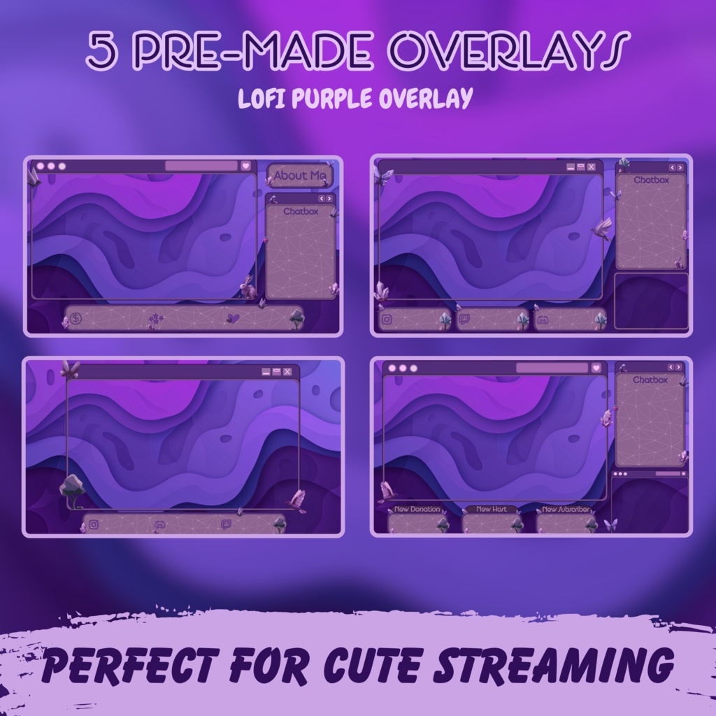 ローファイパープルクリスタルTwitchオーバーレイ - コージーストリームパッケージ(アラート付き)