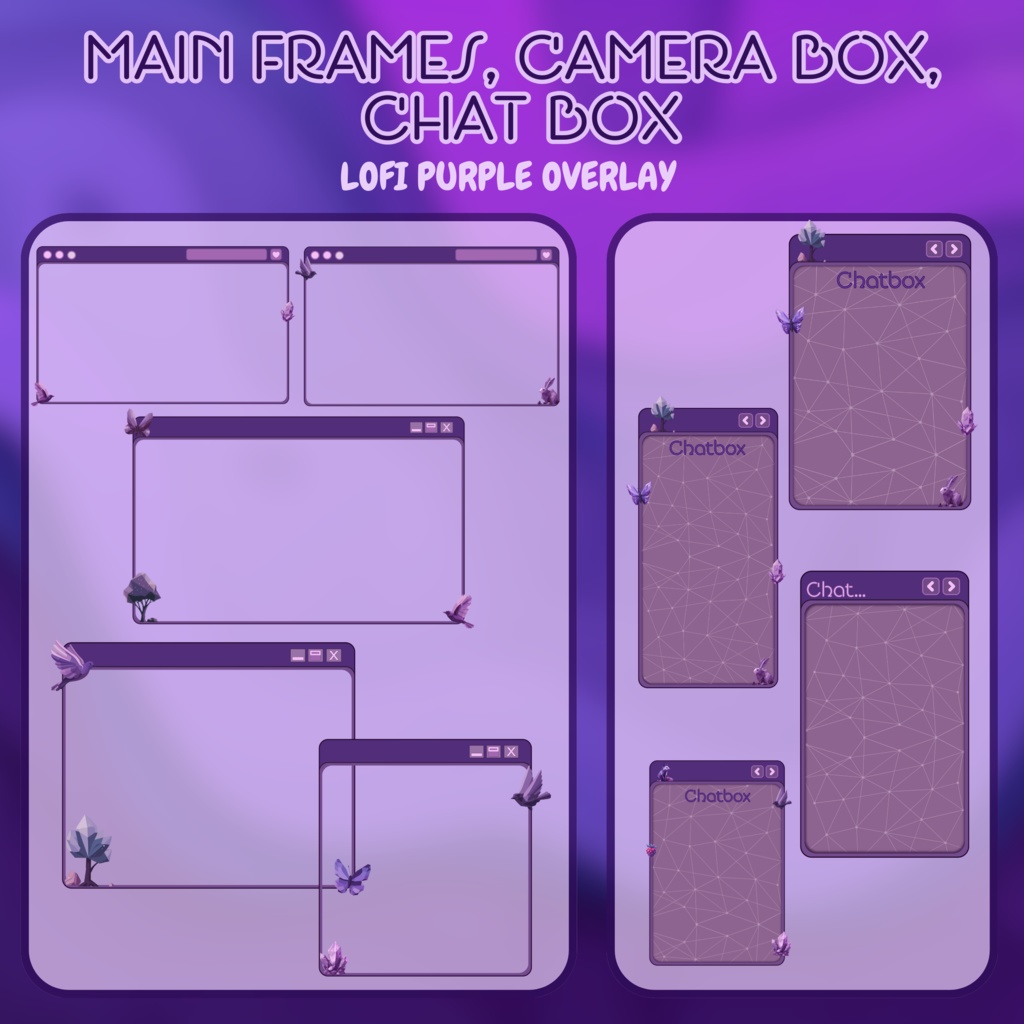 ローファイパープルクリスタルTwitchオーバーレイ - コージーストリームパッケージ(アラート付き)