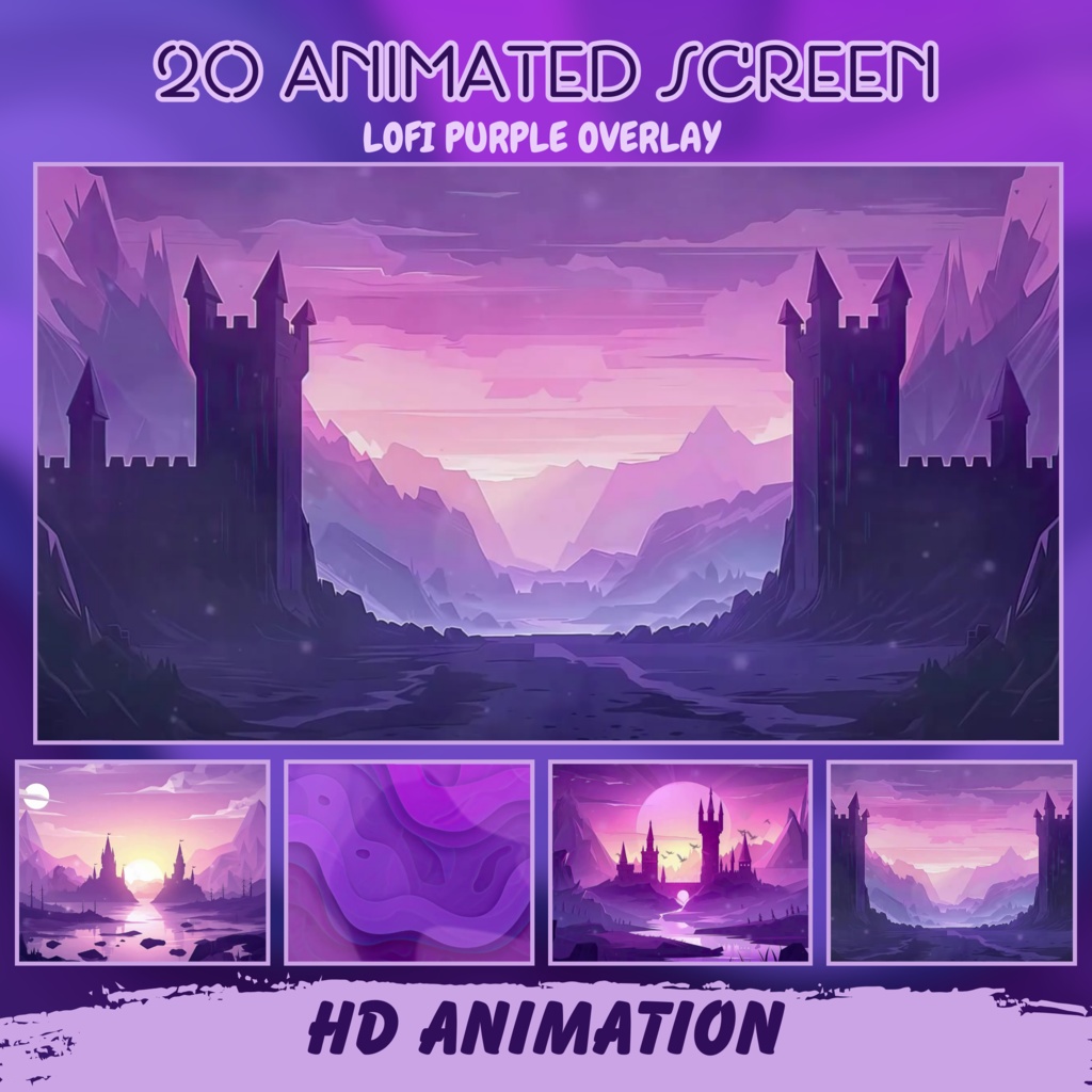 ローファイパープルクリスタルTwitchオーバーレイ - コージーストリームパッケージ(アラート付き)