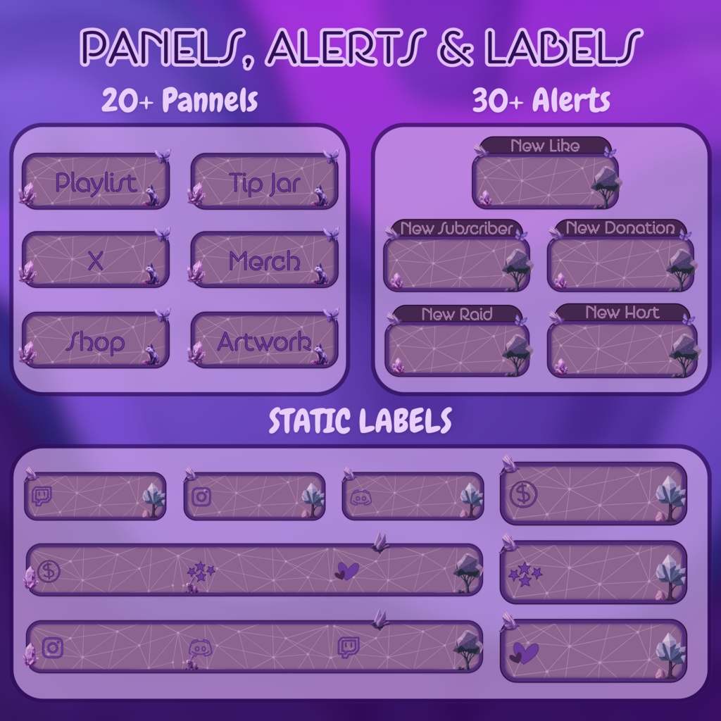 ローファイパープルクリスタルTwitchオーバーレイ - コージーストリームパッケージ(アラート付き)