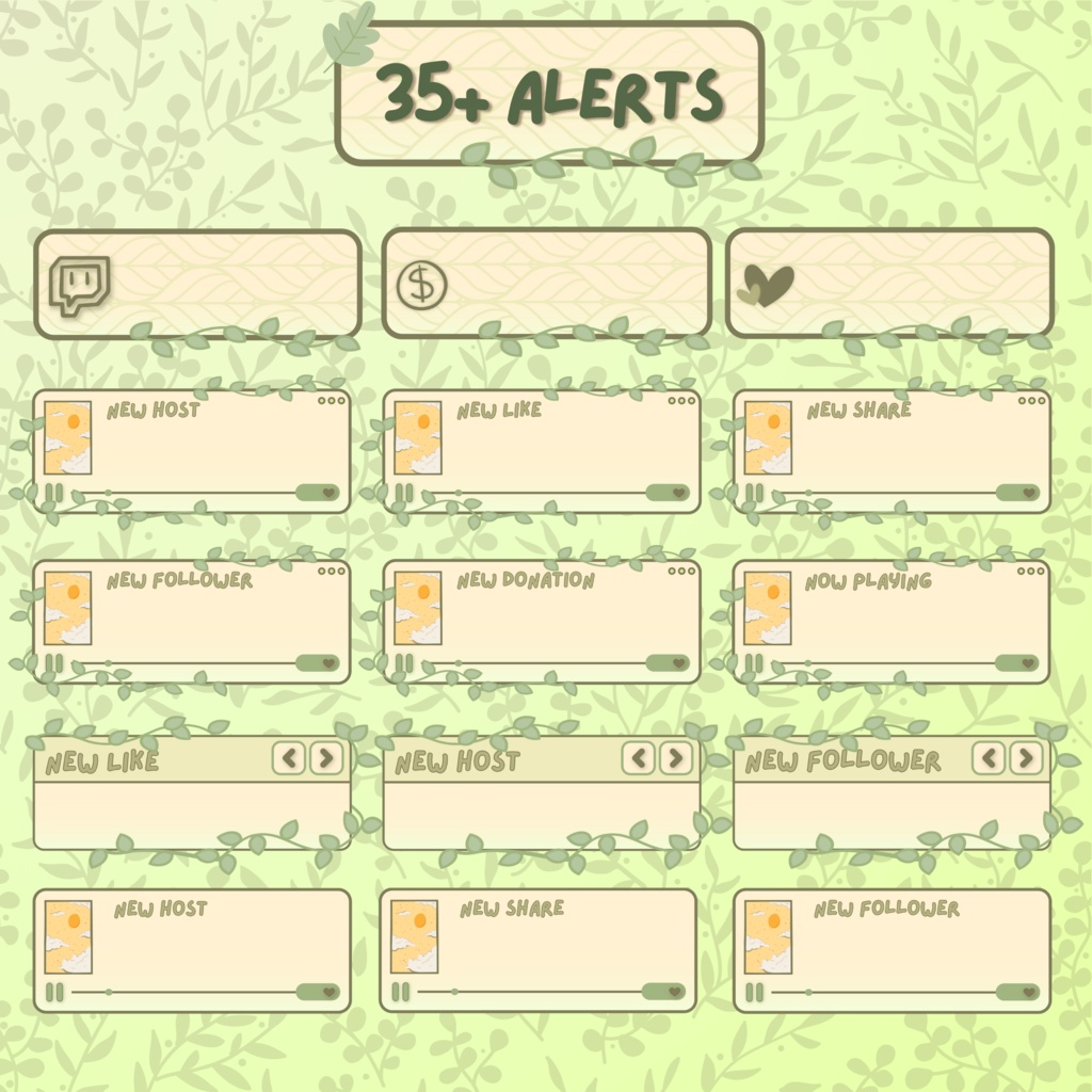 グリーンフォリッジTwitchオーバーレイ - リーフストリームパッケージ(アラートとパネル付き)