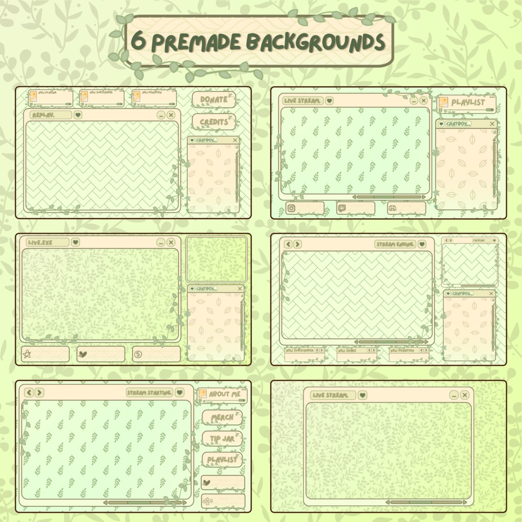 グリーンフォリッジTwitchオーバーレイ - リーフストリームパッケージ(アラートとパネル付き)