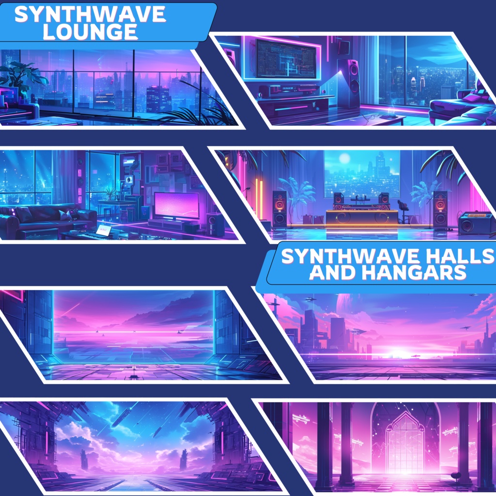 50x Synthwave VTuber 背景、Twitch ストリーム背景、ストリーム アセット、ローファイ 背景、Twitch アセット。
