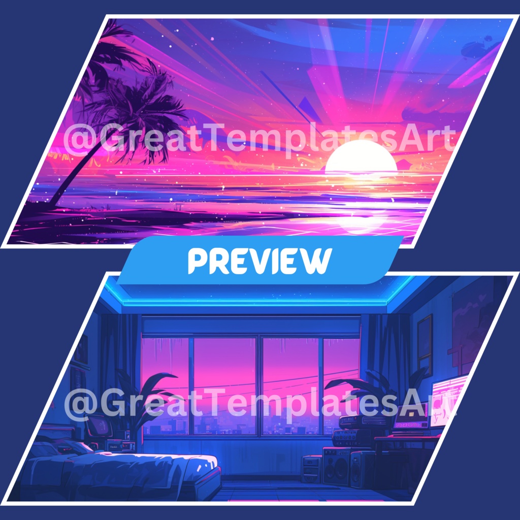 50x Synthwave VTuber 背景、Twitch ストリーム背景、ストリーム アセット、ローファイ 背景、Twitch アセット。