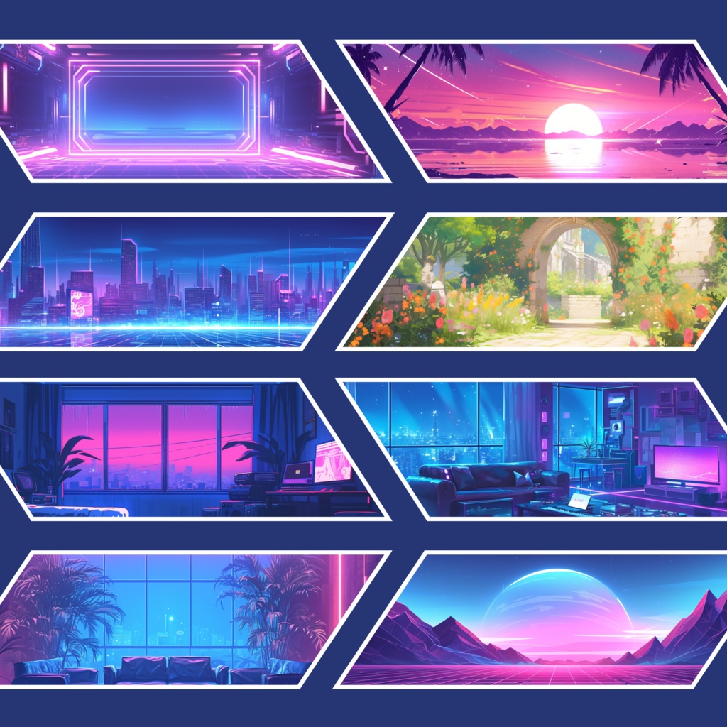 50x Synthwave VTuber 背景、Twitch ストリーム背景、ストリーム アセット、ローファイ 背景、Twitch アセット。