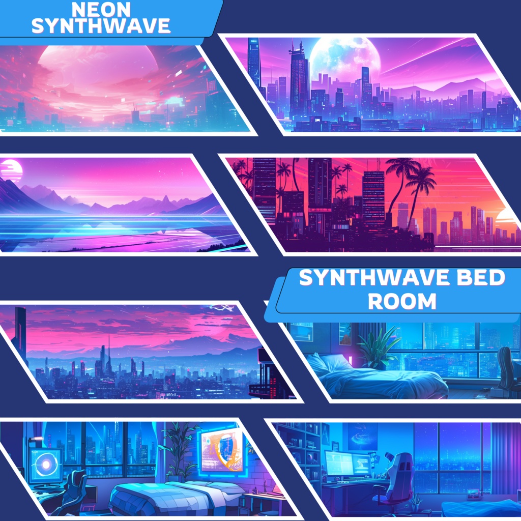 50x Synthwave VTuber 背景、Twitch ストリーム背景、ストリーム アセット、ローファイ 背景、Twitch アセット。