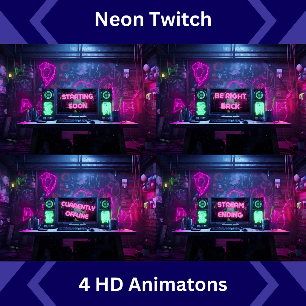 4 つのネオン アニメ Twitch 画面のセット アニメーション背景 Twitch ストリーミング バックグラウンド アセット VTuber アニメーション背景 Twitch ゲーマー バックグラウンド ストリーム アセット