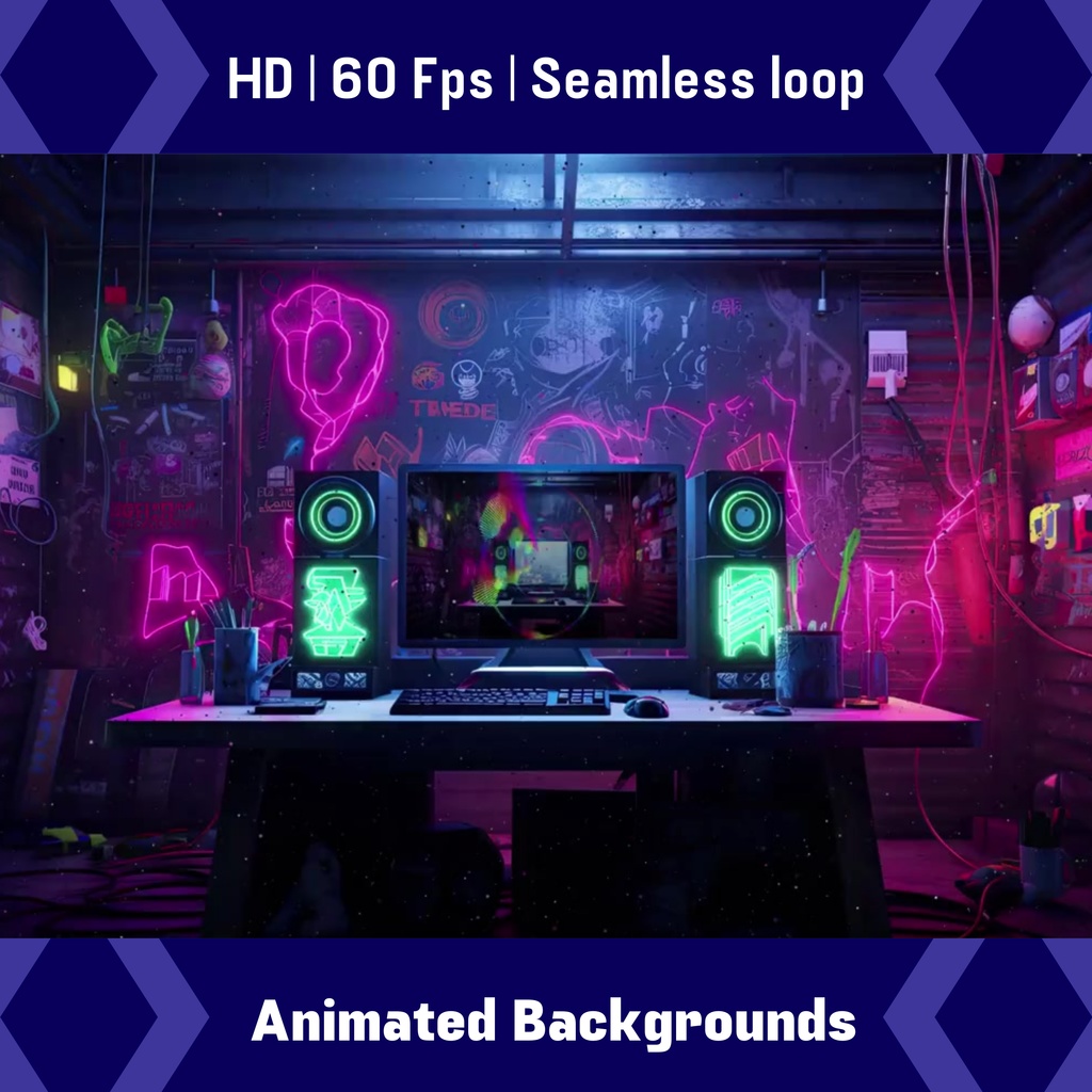 4 つのネオン アニメ Twitch 画面のセット アニメーション背景 Twitch ストリーミング バックグラウンド アセット VTuber アニメーション背景 Twitch ゲーマー バックグラウンド ストリーム アセット