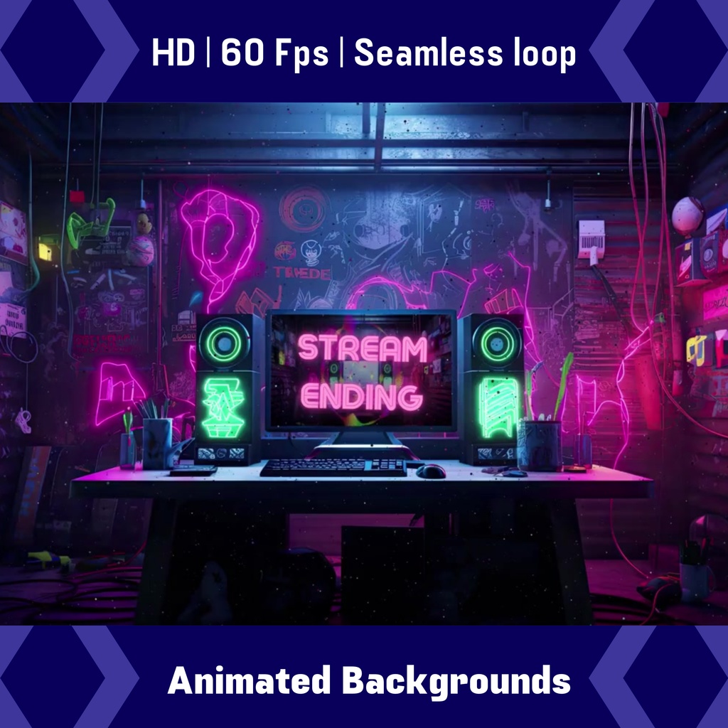 4 つのネオン アニメ Twitch 画面のセット アニメーション背景 Twitch ストリーミング バックグラウンド アセット VTuber アニメーション背景 Twitch ゲーマー バックグラウンド ストリーム アセット