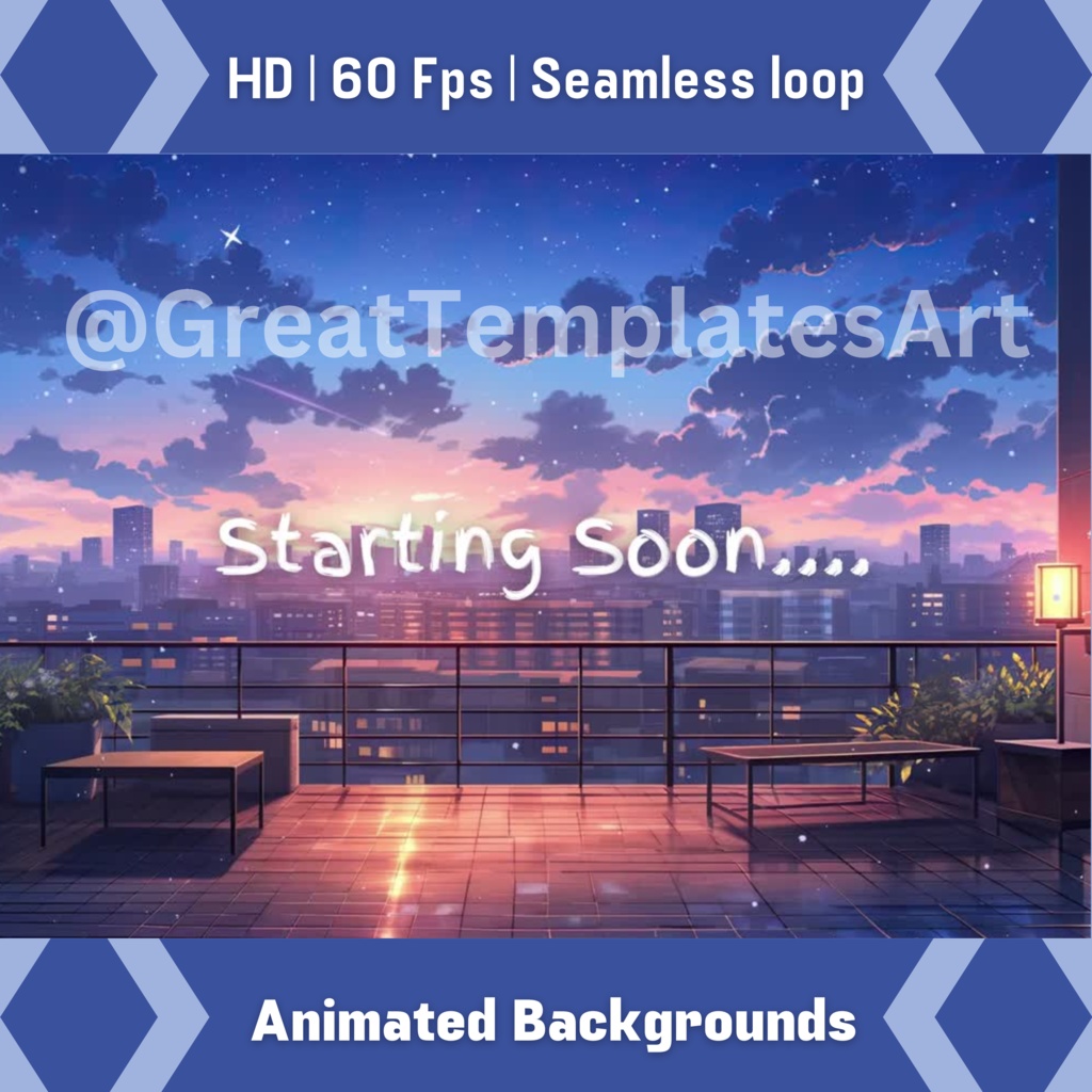 屋上アニメ Twitch 画面 4 枚セット アニメーション背景 Twitch ストリーミング背景アセット VTuber アニメーション背景 Twitch ゲーマー背景ストリーム アセット