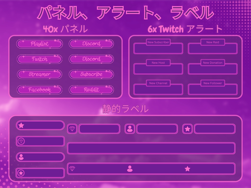 パープルスタートwitchオーバーレイ - Twitch向けアニメーションローファイストリームパッケージ