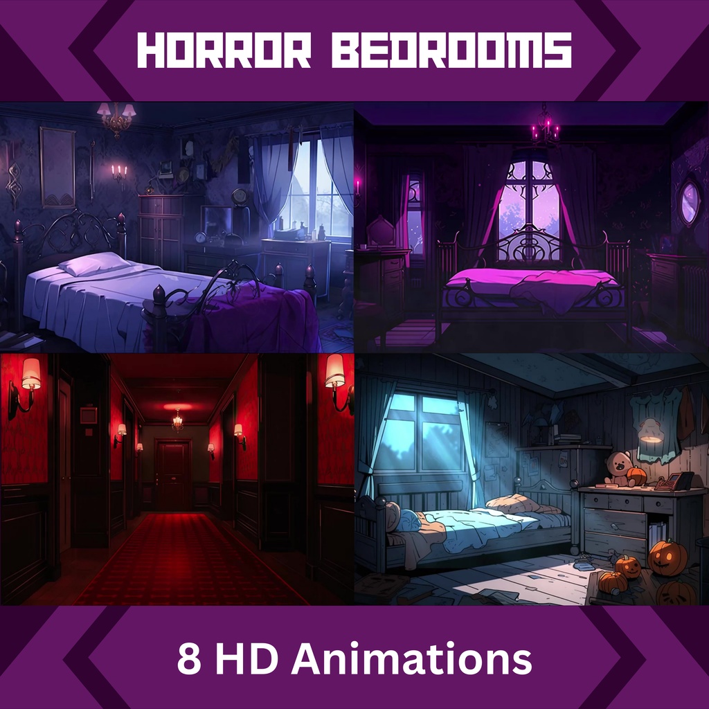 ホラーアニメアニメーション画面、アニメーション背景、Twitchストリーミング背景、アセット、VTuberアニメーション背景、Twitchゲーマー背景、ストリームアセット8枚セット