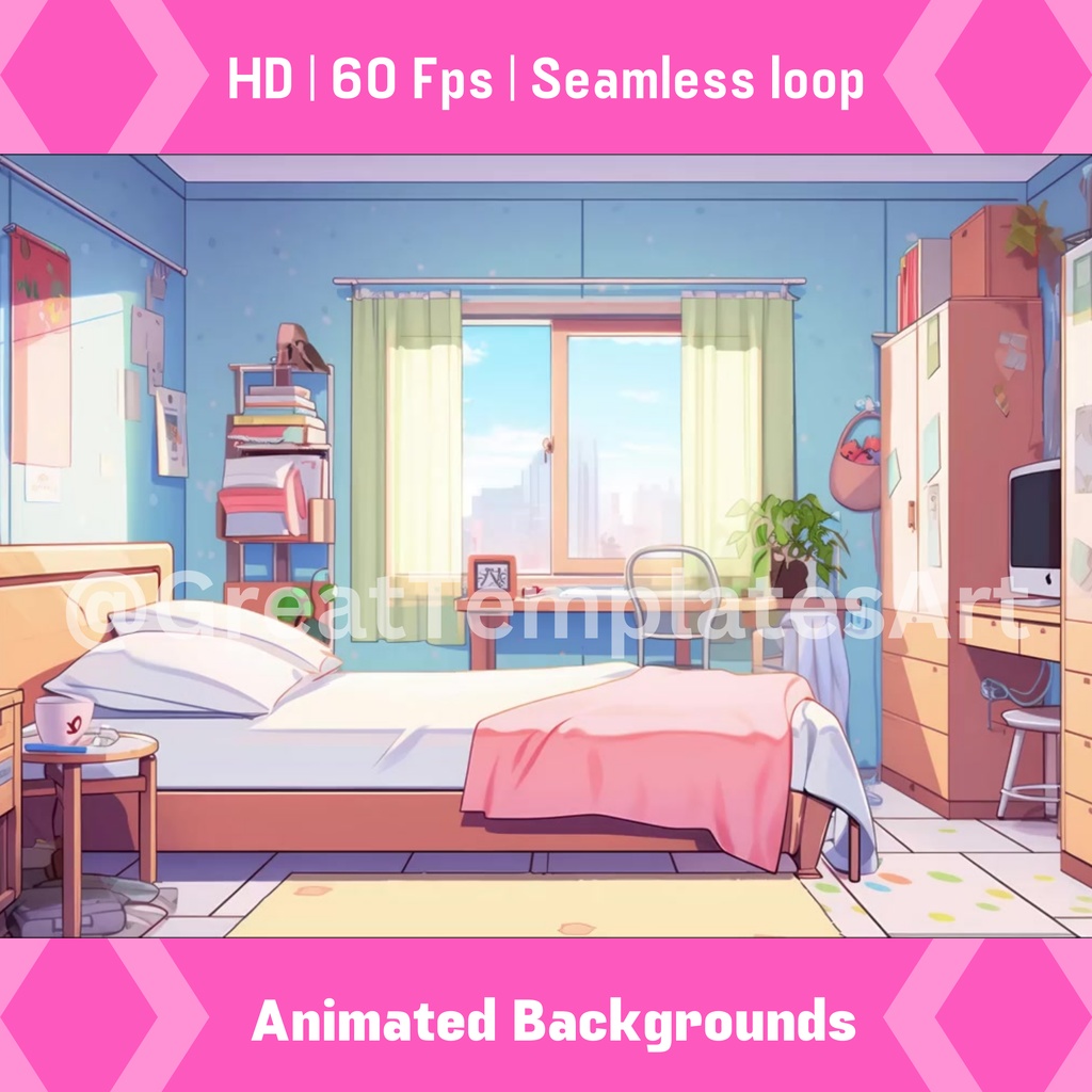 lofi アニメベッドルーム 4 個セット アニメーション画面、アニメーション背景、Twitch ストリーミング背景、アセット、VTuber アニメーション背景、Twitch ゲーマー背景、ストリームアセット