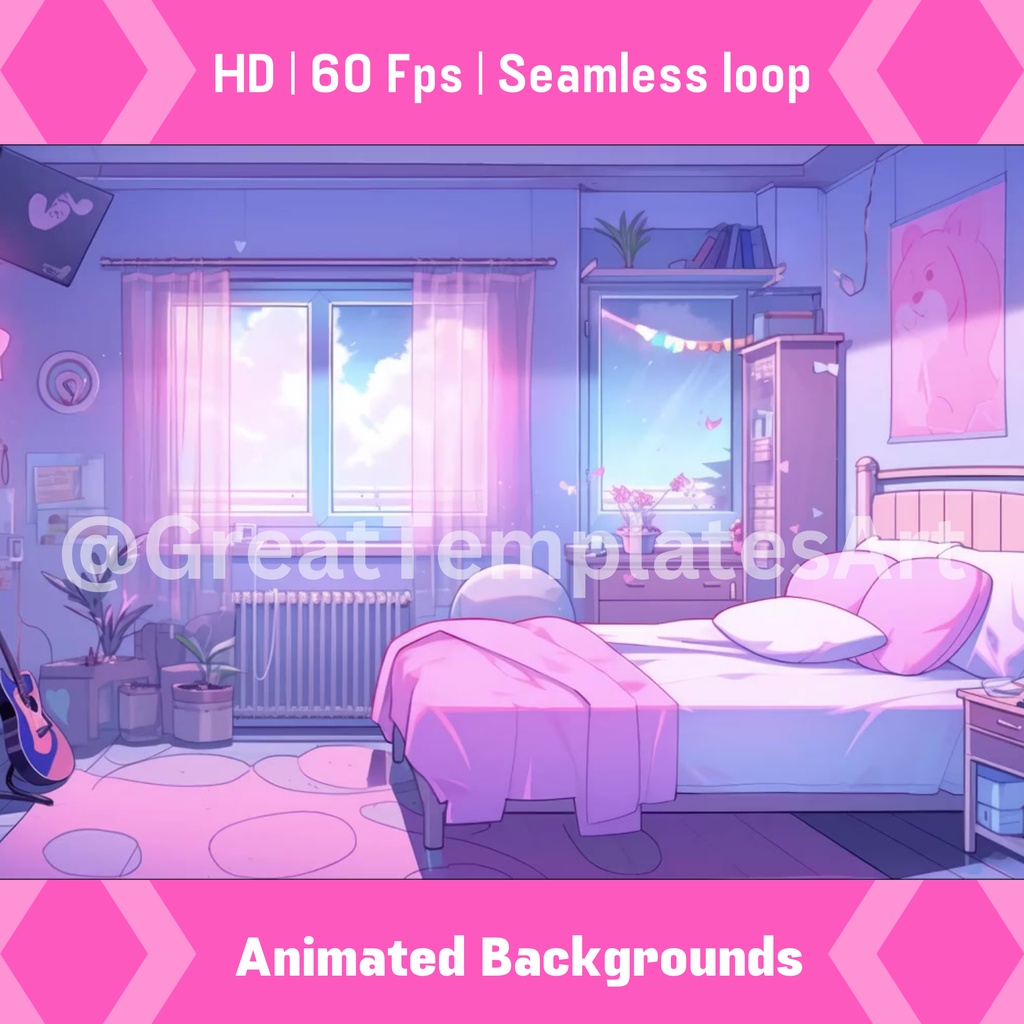 lofi アニメベッドルーム 4 個セット アニメーション画面、アニメーション背景、Twitch ストリーミング背景、アセット、VTuber アニメーション背景、Twitch ゲーマー背景、ストリームアセット