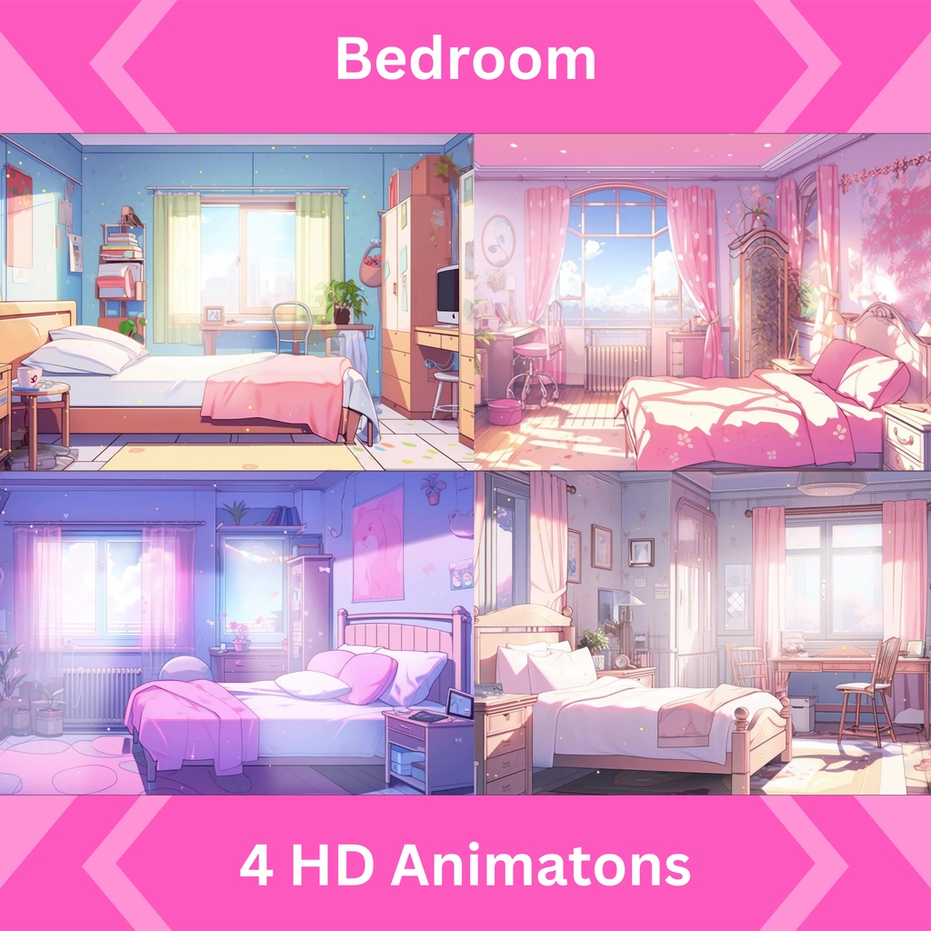 lofi アニメベッドルーム 4 個セット アニメーション画面、アニメーション背景、Twitch ストリーミング背景、アセット、VTuber アニメーション背景、Twitch ゲーマー背景、ストリームアセット