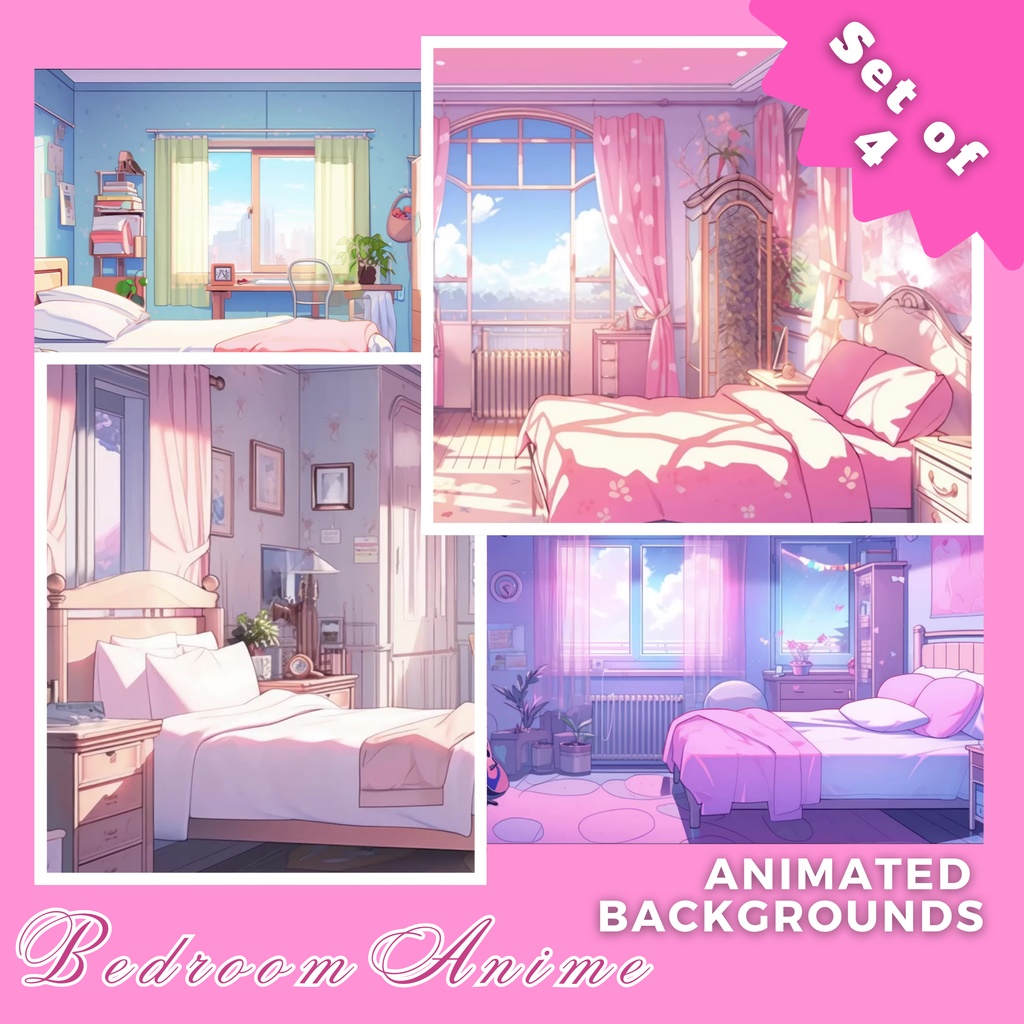 lofi アニメベッドルーム 4 個セット アニメーション画面、アニメーション背景、Twitch ストリーミング背景、アセット、VTuber アニメーション背景、Twitch ゲーマー背景、ストリームアセット