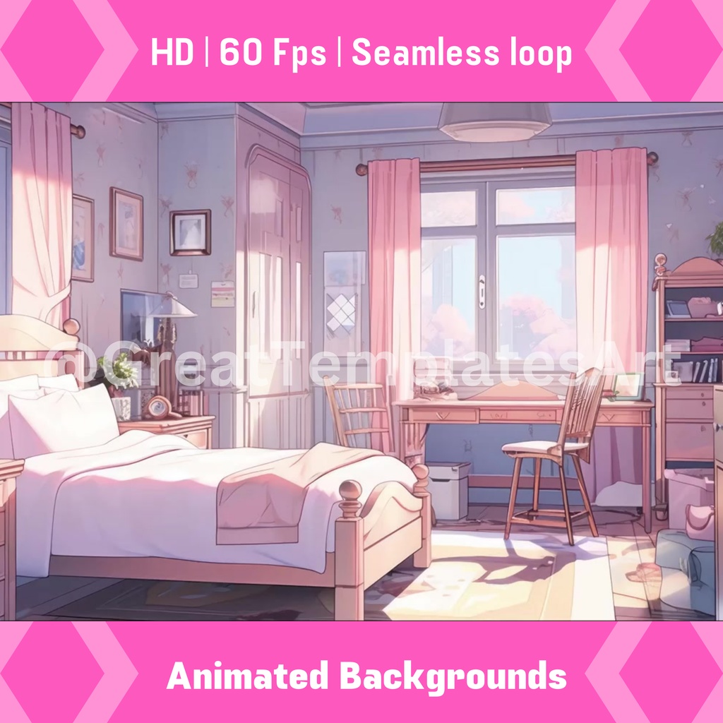lofi アニメベッドルーム 4 個セット アニメーション画面、アニメーション背景、Twitch ストリーミング背景、アセット、VTuber アニメーション背景、Twitch ゲーマー背景、ストリームアセット
