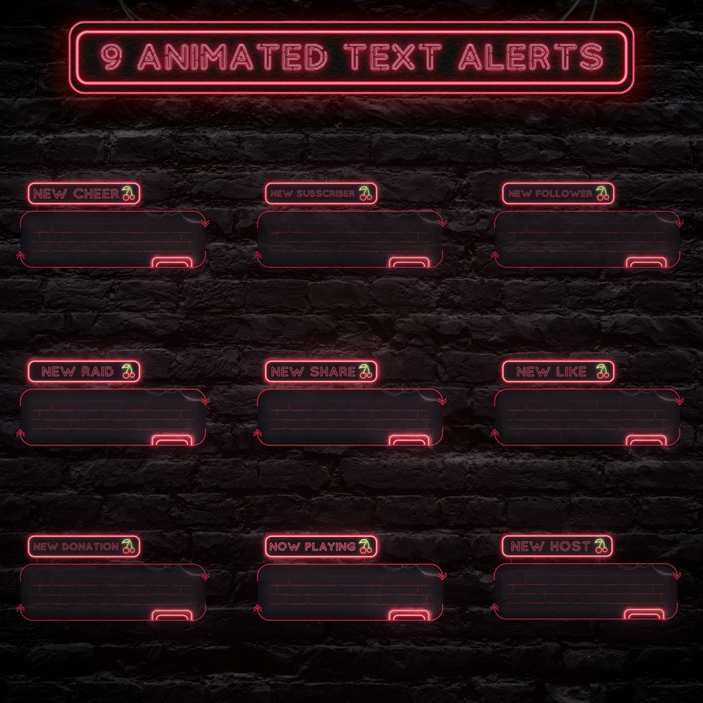 フルアニメーションネオンレッドTwitchオーバーレイ - ローファイゲーミングストリームパッケージ