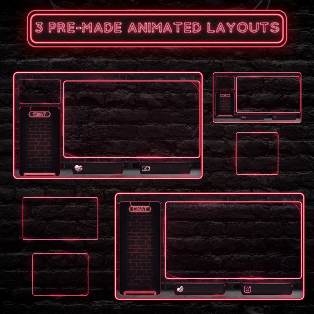 フルアニメーションネオンレッドTwitchオーバーレイ - ローファイゲーミングストリームパッケージ