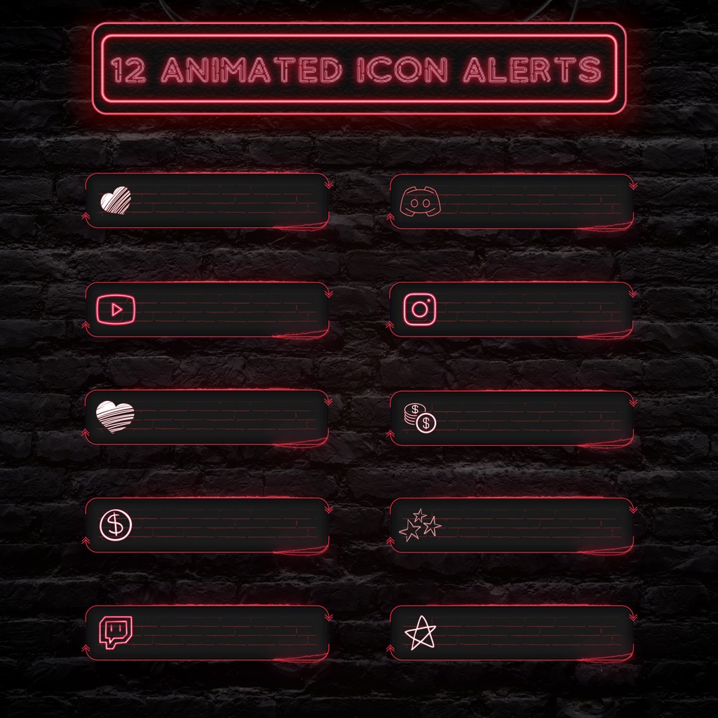 フルアニメーションネオンレッドTwitchオーバーレイ - ローファイゲーミングストリームパッケージ