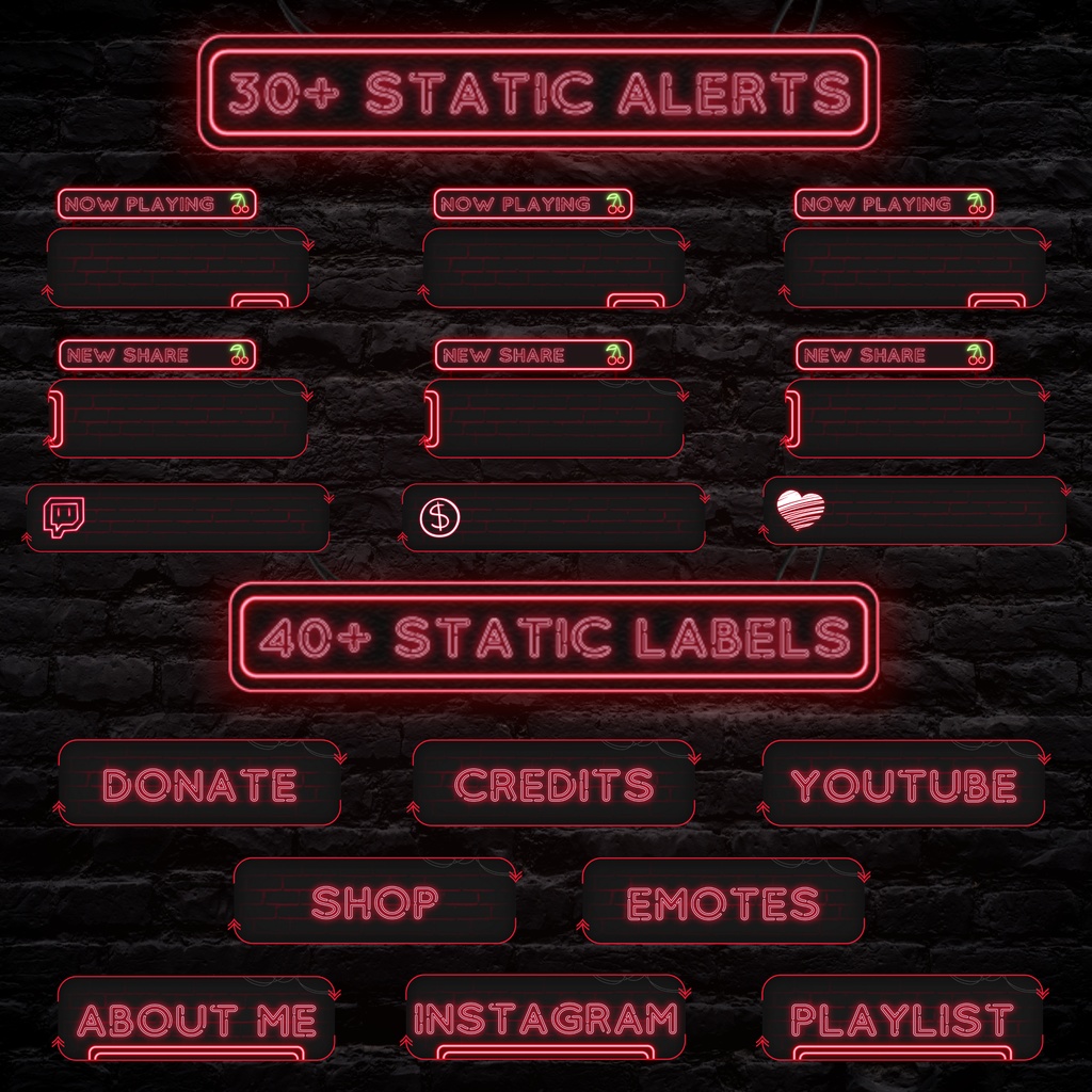 フルアニメーションネオンレッドTwitchオーバーレイ - ローファイゲーミングストリームパッケージ