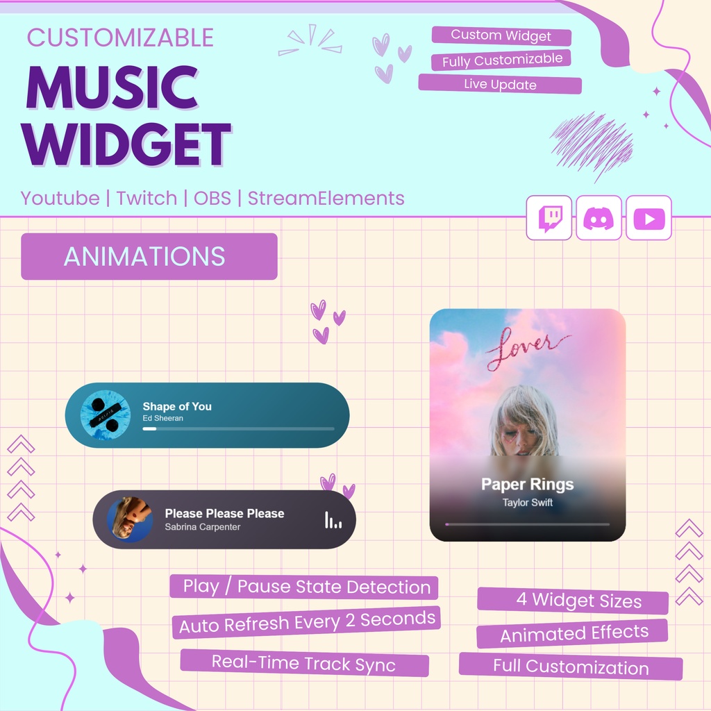 【VTuber向け】【YouTube/Twitch】ダイナミックミュージックウィジェットセット✨│ストリーミング向け