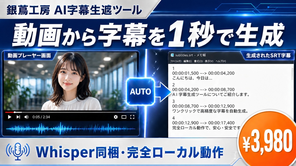 【AI字幕】SRT/VTT/ASS全形式 動画→字幕1秒で自動生成｜Windows