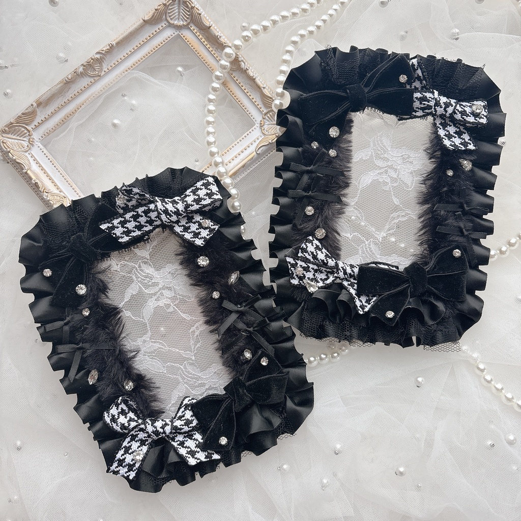 B7 L判 硬質ケース リボンデコ　黒×千鳥柄