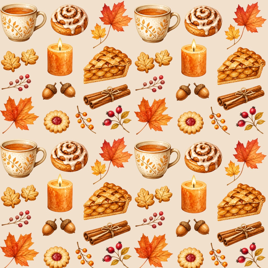 秋の水彩デジタルペーパー｜紅葉・パイ・シナモン・キャンドル柄 🍂
