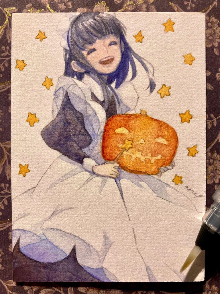 【創作】水彩原画ATCハロウィン10/31追加マホちゃんメイド（通販新作）
