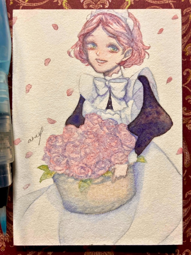 【創作】水彩原画ATC薔薇メイドさん（COMITIA150新作）