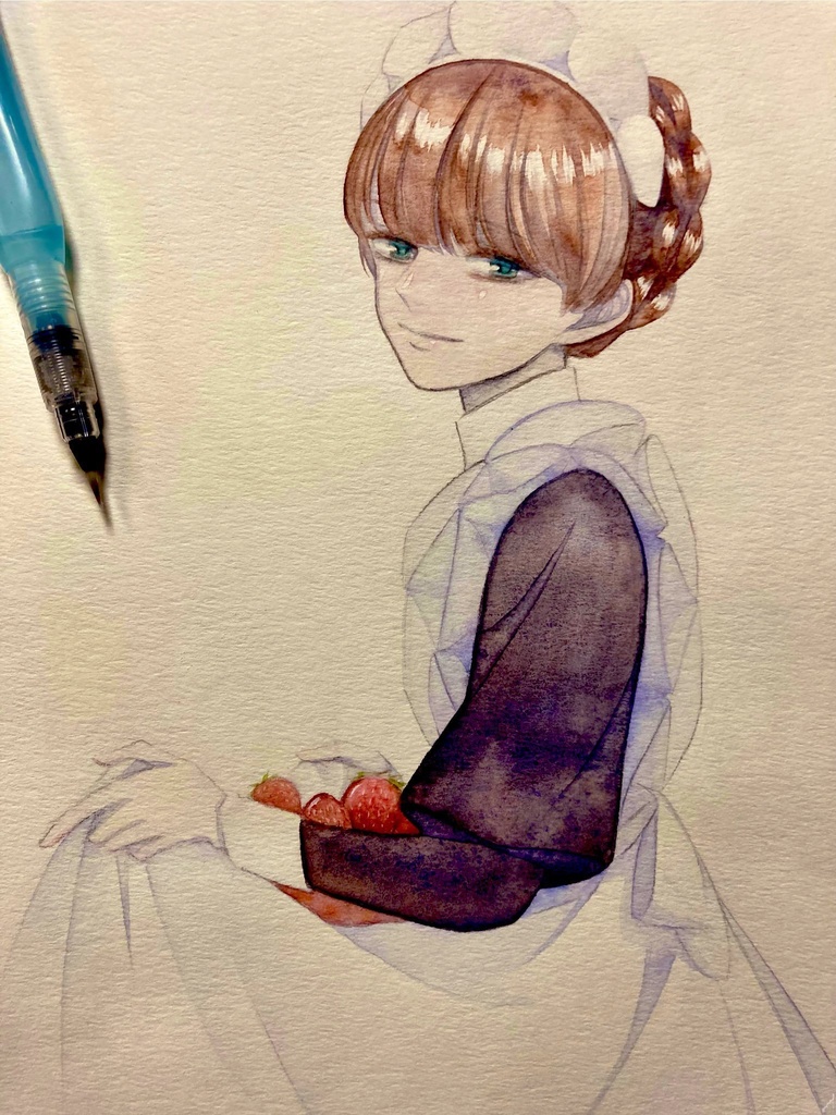 【創作】水彩原画イチゴとメイド
